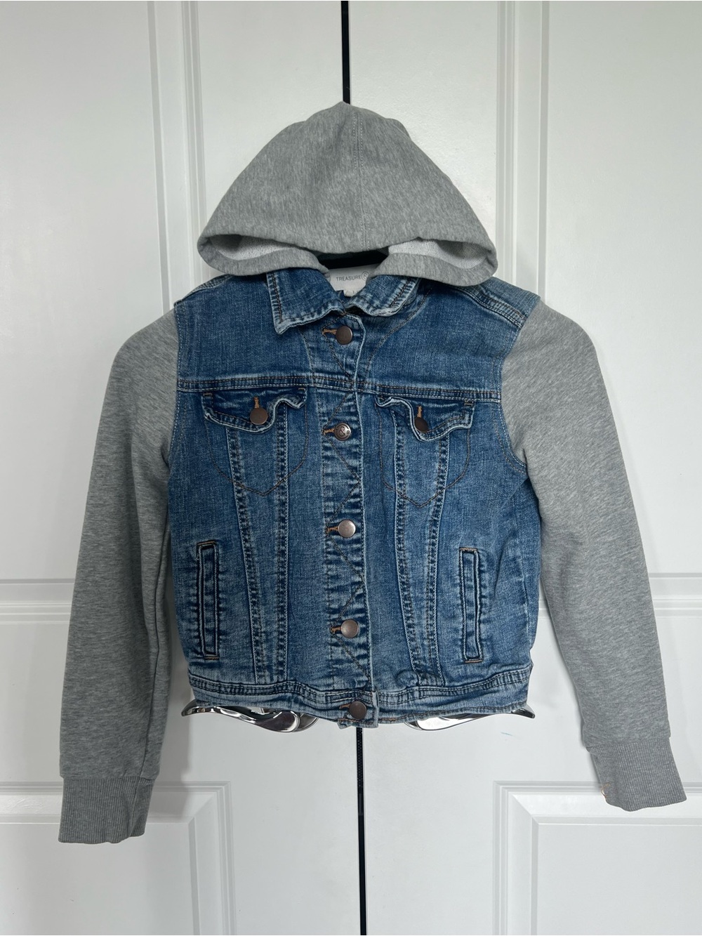 Treasure & Bond Girls Blue Denim Jacket with Gray Hood & Sleeves